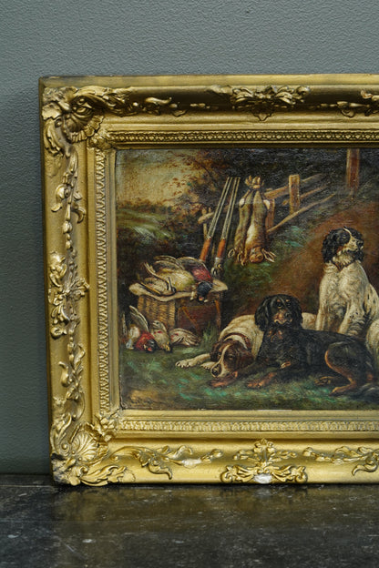 Antique Victorian Sporting Oil Painting, Gun Dogs with Game, Signed