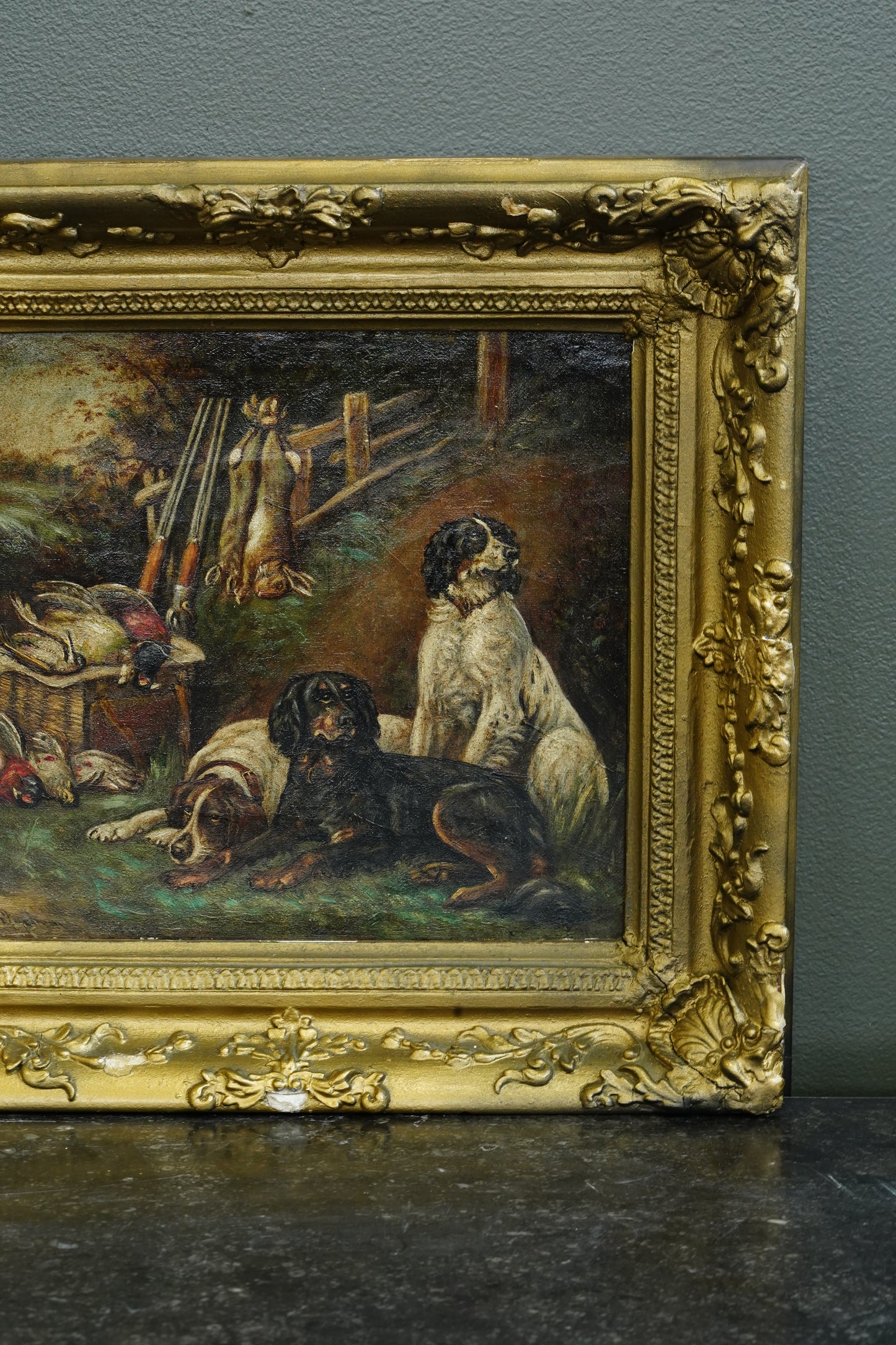 Antique Victorian Sporting Oil Painting, Gun Dogs with Game, Signed
