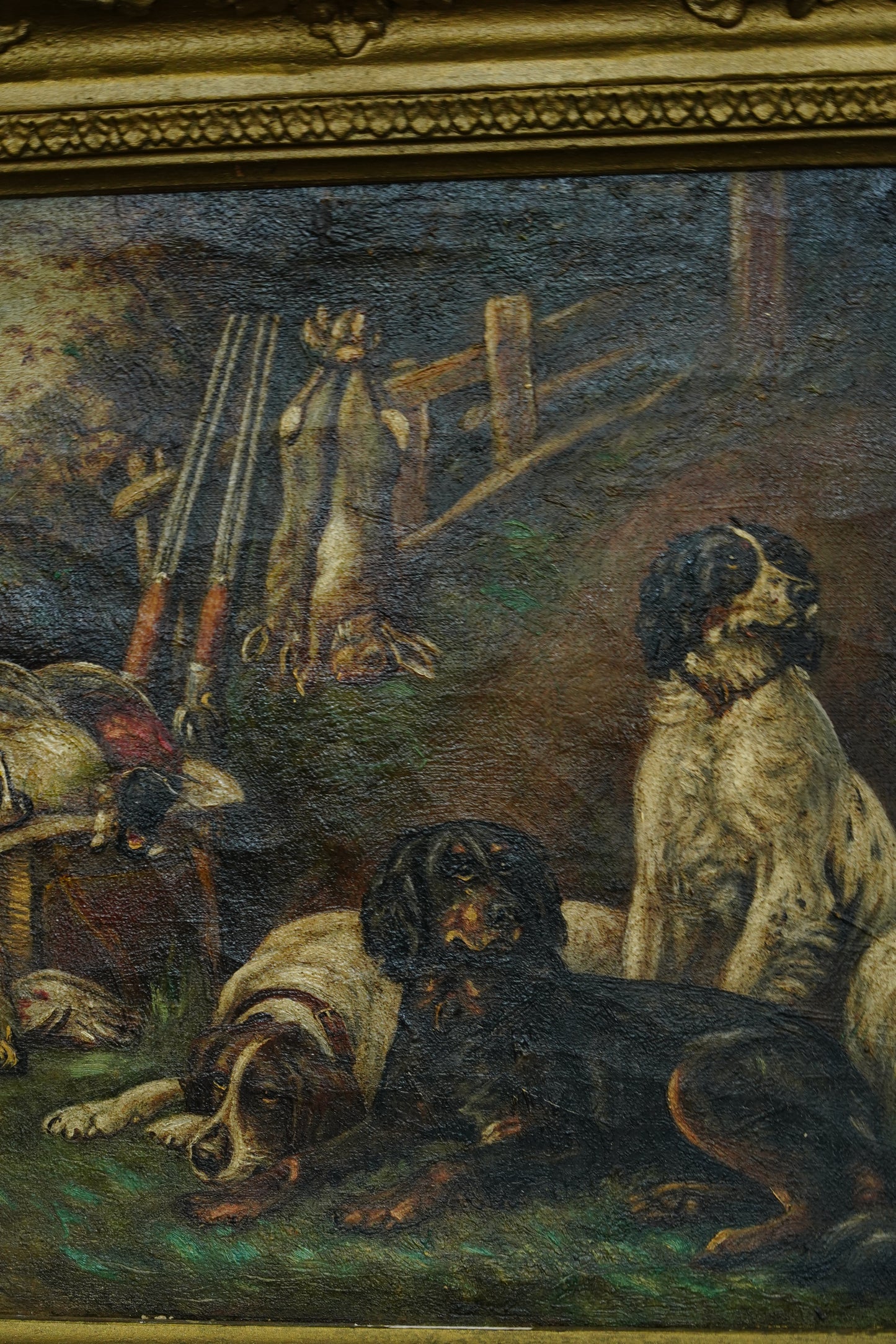 Antique Victorian Sporting Oil Painting, Gun Dogs with Game, Signed