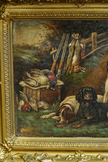 Antique Victorian Sporting Oil Painting, Gun Dogs with Game, Signed