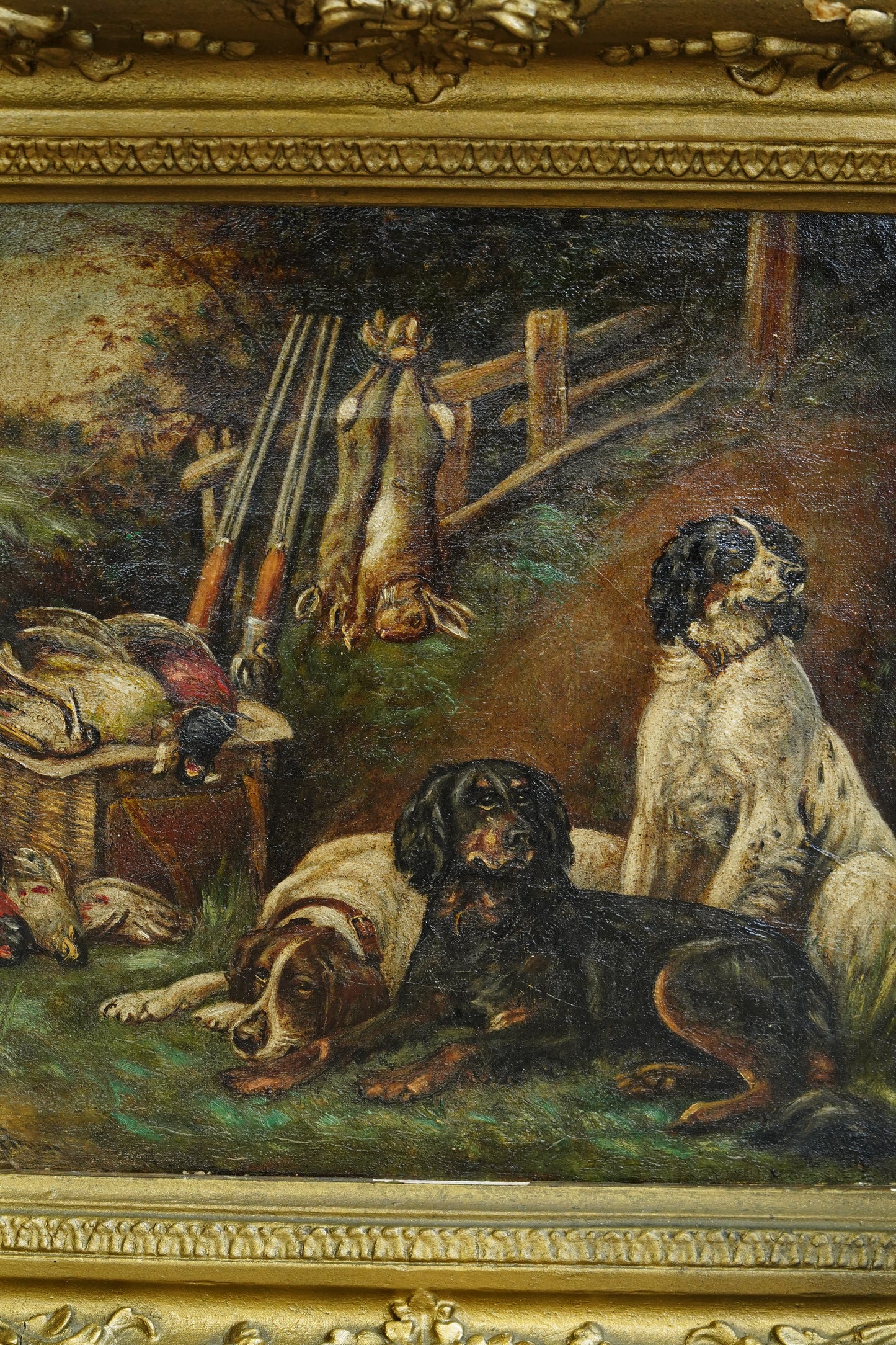 Antique Victorian Sporting Oil Painting, Gun Dogs with Game, Signed