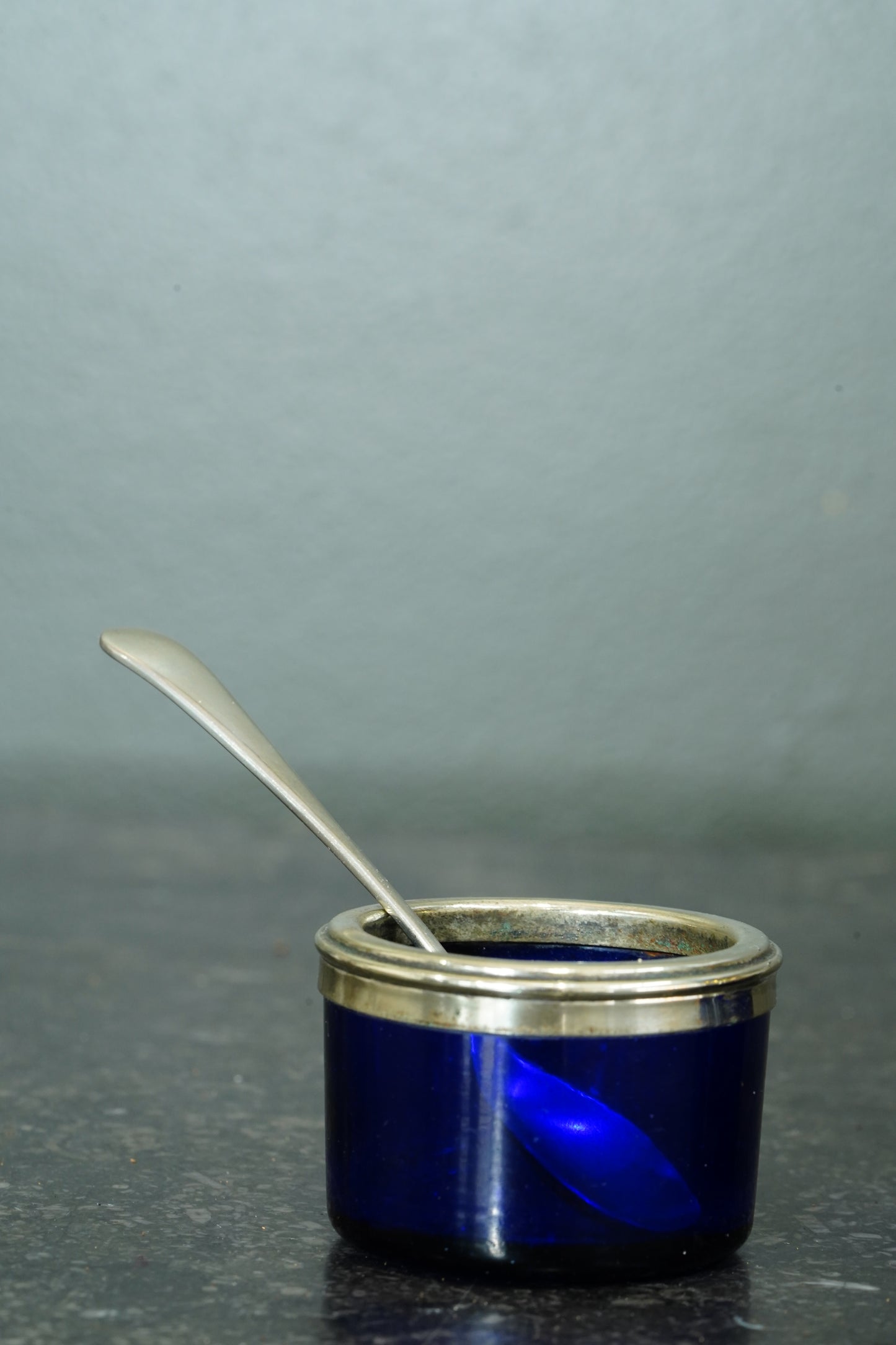 Antique English Silver Plate Salt Cellars with Cobalt Blue Glass Liners and Spoons
