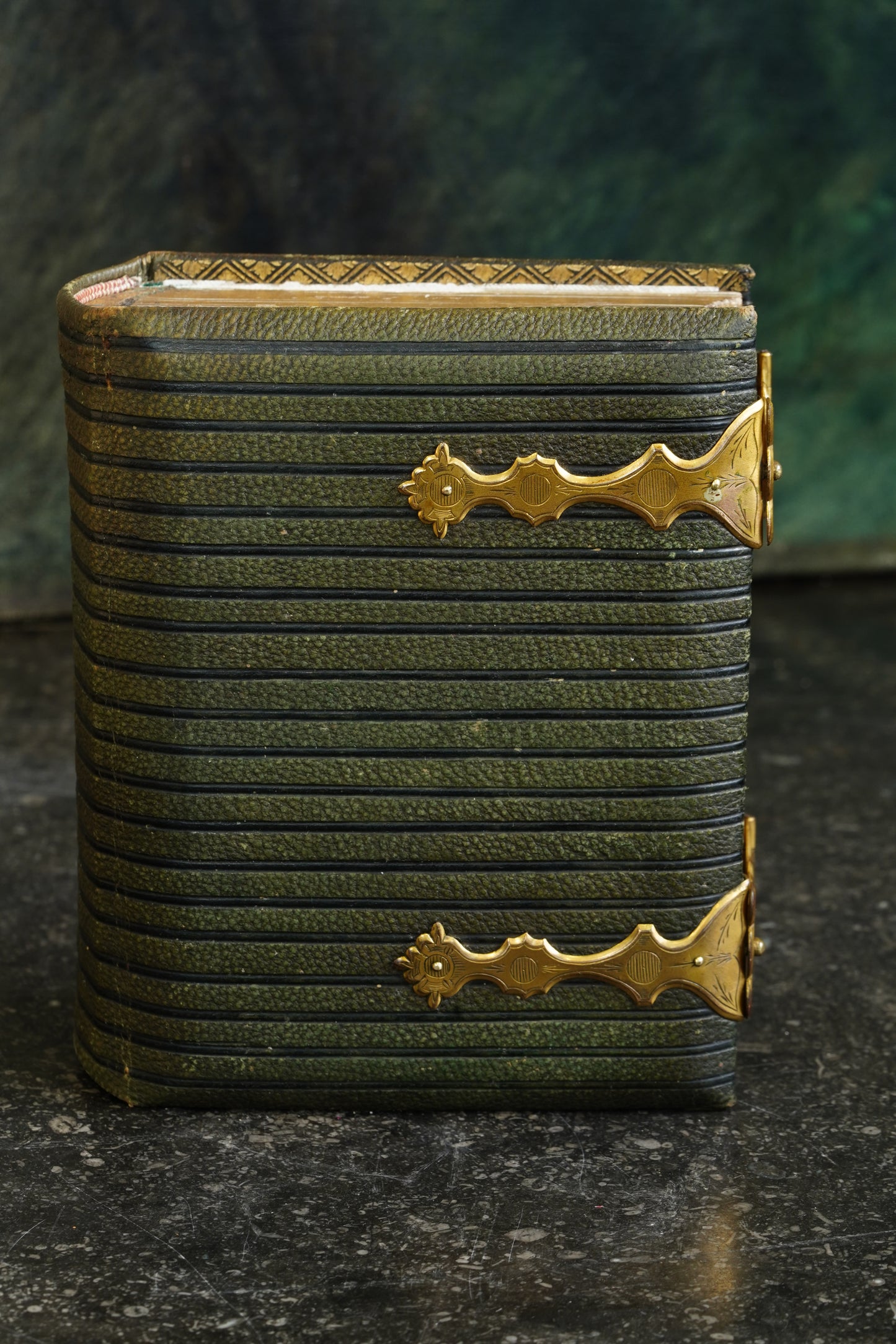 Antique Victorian Photograph Album, Green Morocco and Gilt Brass