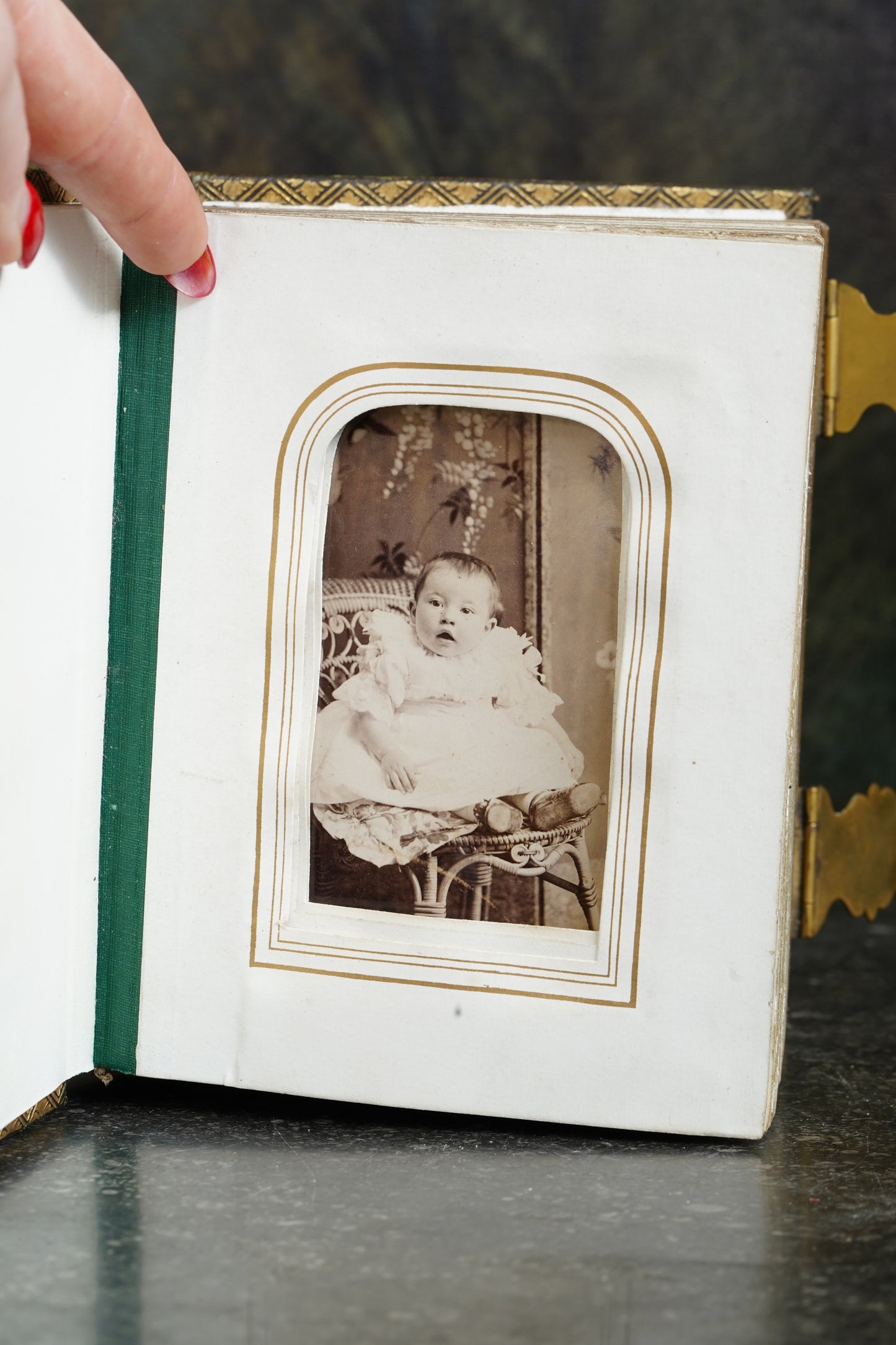 Antique Victorian Photograph Album, Green Morocco and Gilt Brass