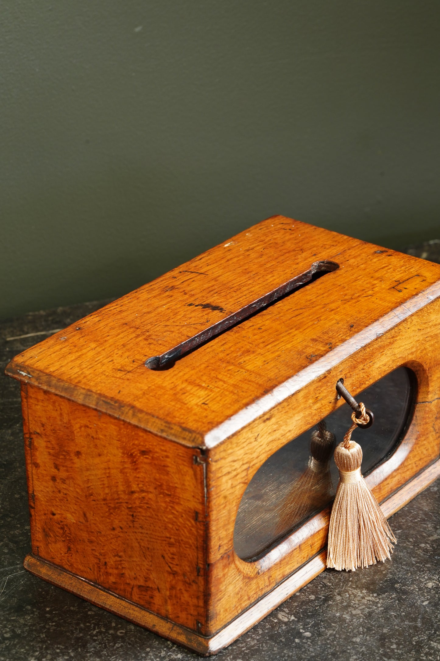 Antique English Oak Letter and Ballot Box with Window