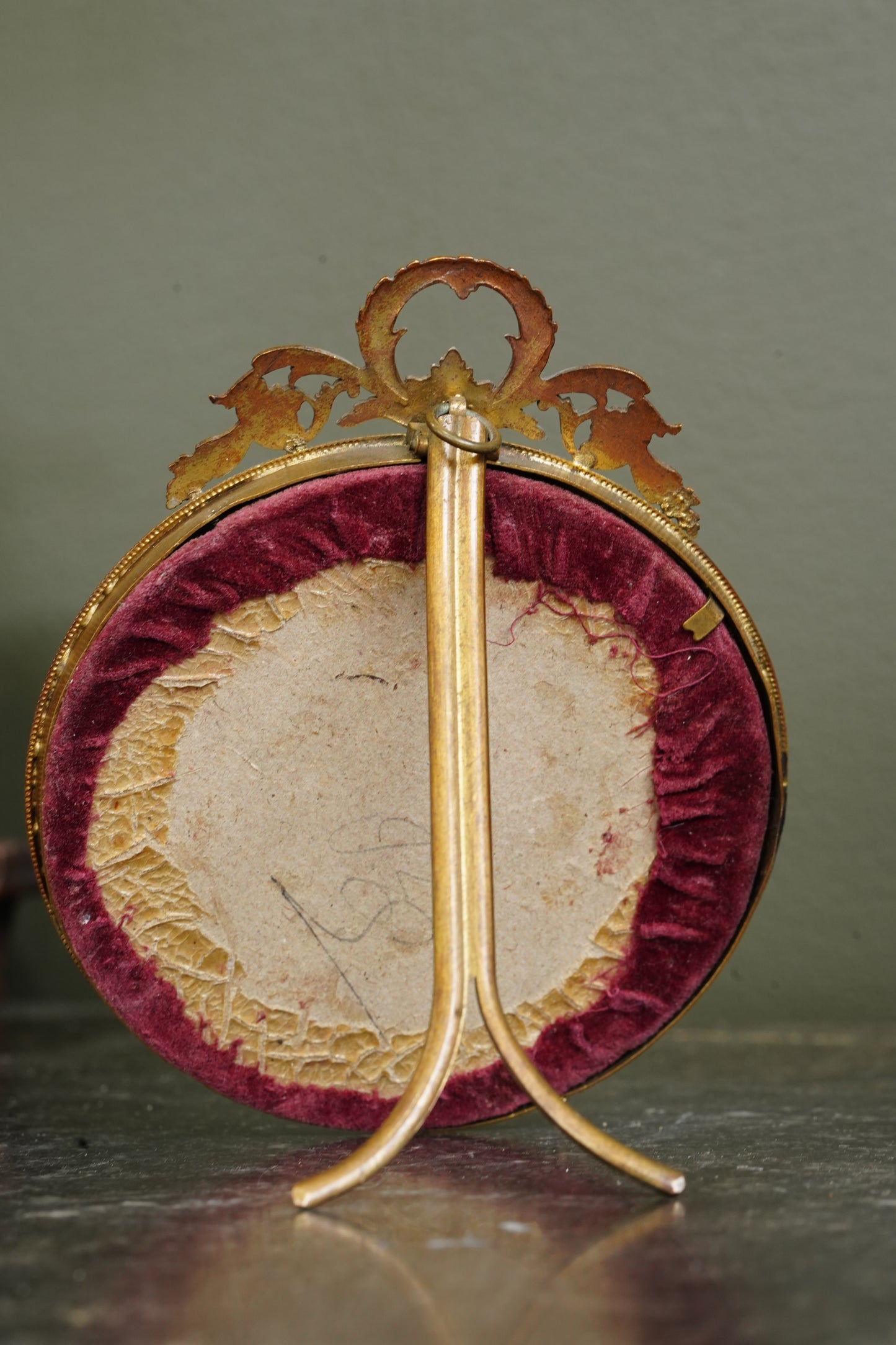 Antique Gilt Brass Round Picture Frames with Domed Glass