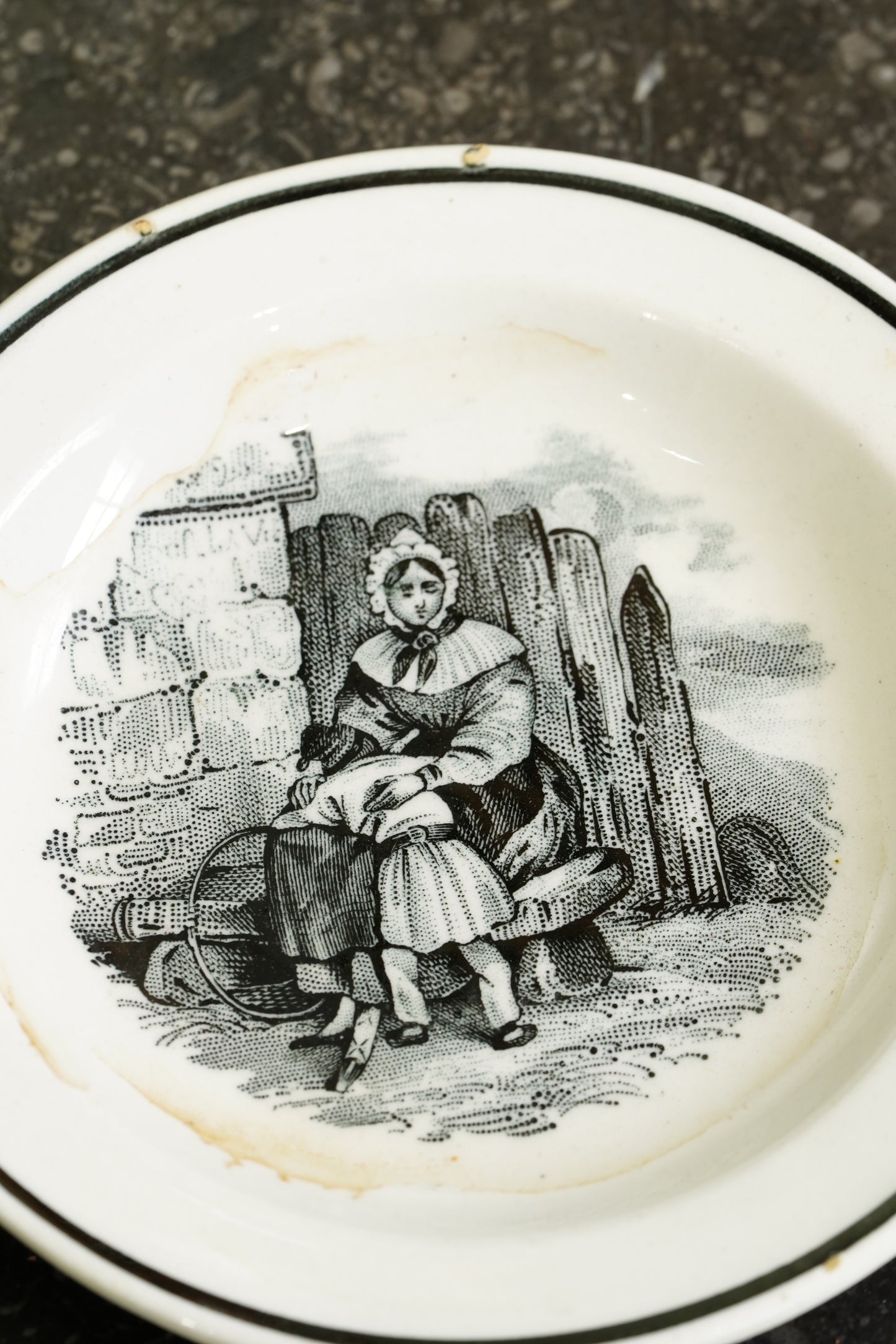Victorian Black Transferware Butter Pats, Set of 2, Circa 1870