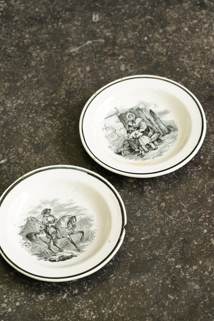 Victorian Black Transferware Butter Pats, Set of 2, Circa 1870