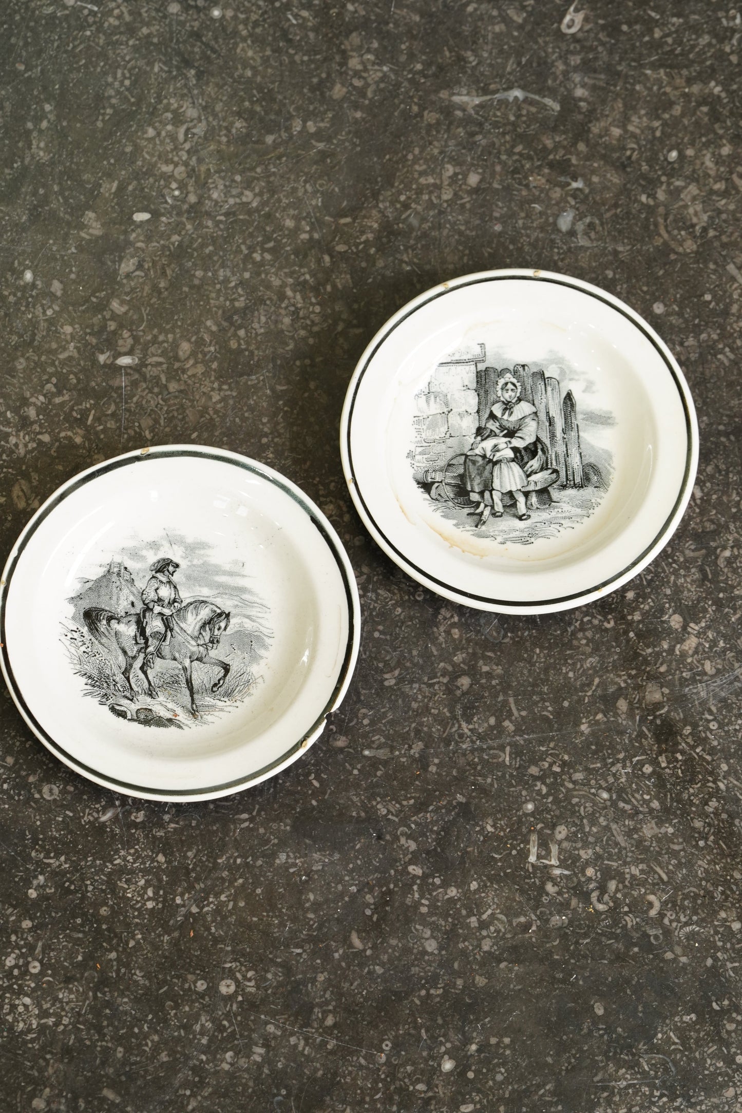 Victorian Black Transferware Butter Pats, Set of 2, Circa 1870