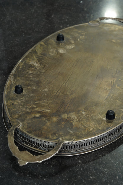 Vintage English Oval Silver Plate Gallery Tray with Shell Handles