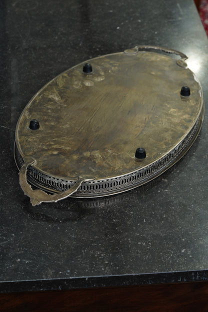 Vintage English Oval Silver Plate Gallery Tray with Shell Handles