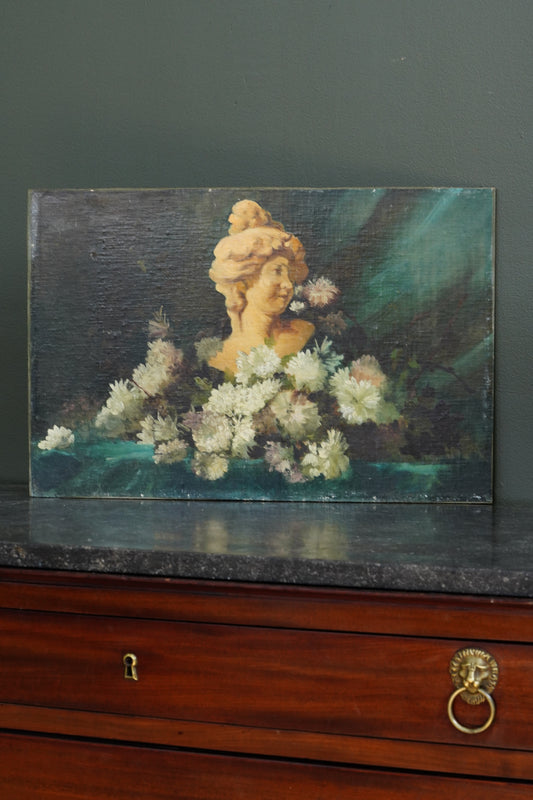 Antique Continental Still Life Classical Bust with Chrysanthemums Oil Painting