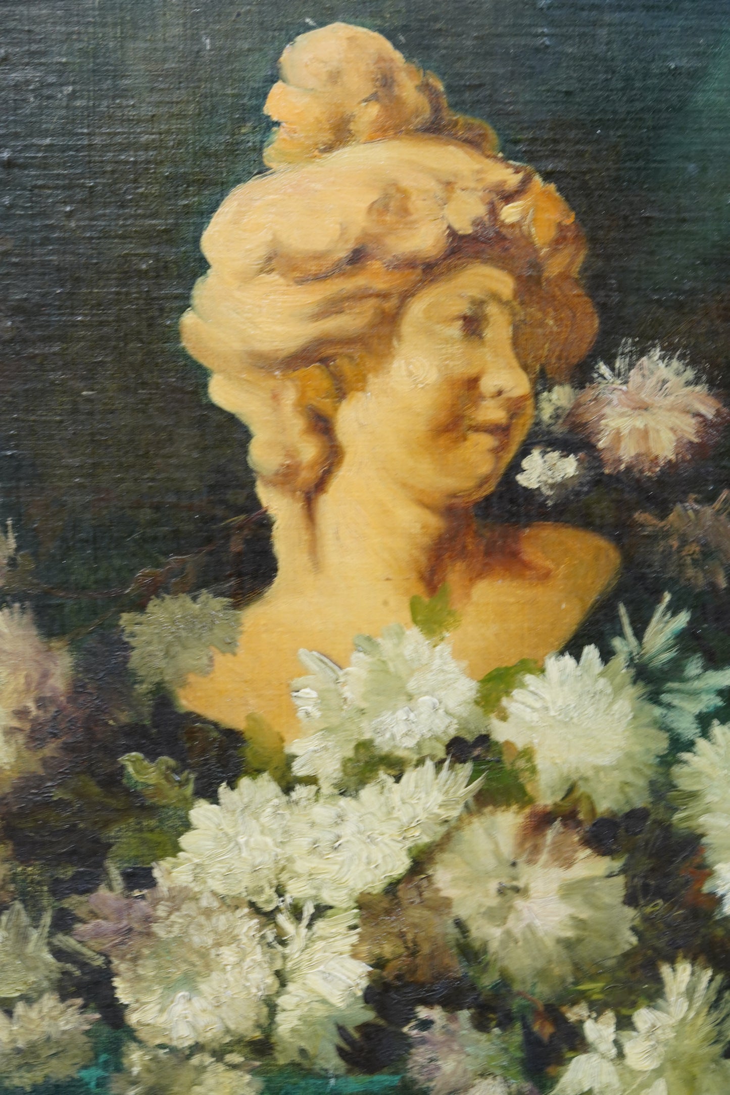 Antique Continental Still Life Classical Bust with Chrysanthemums Oil Painting