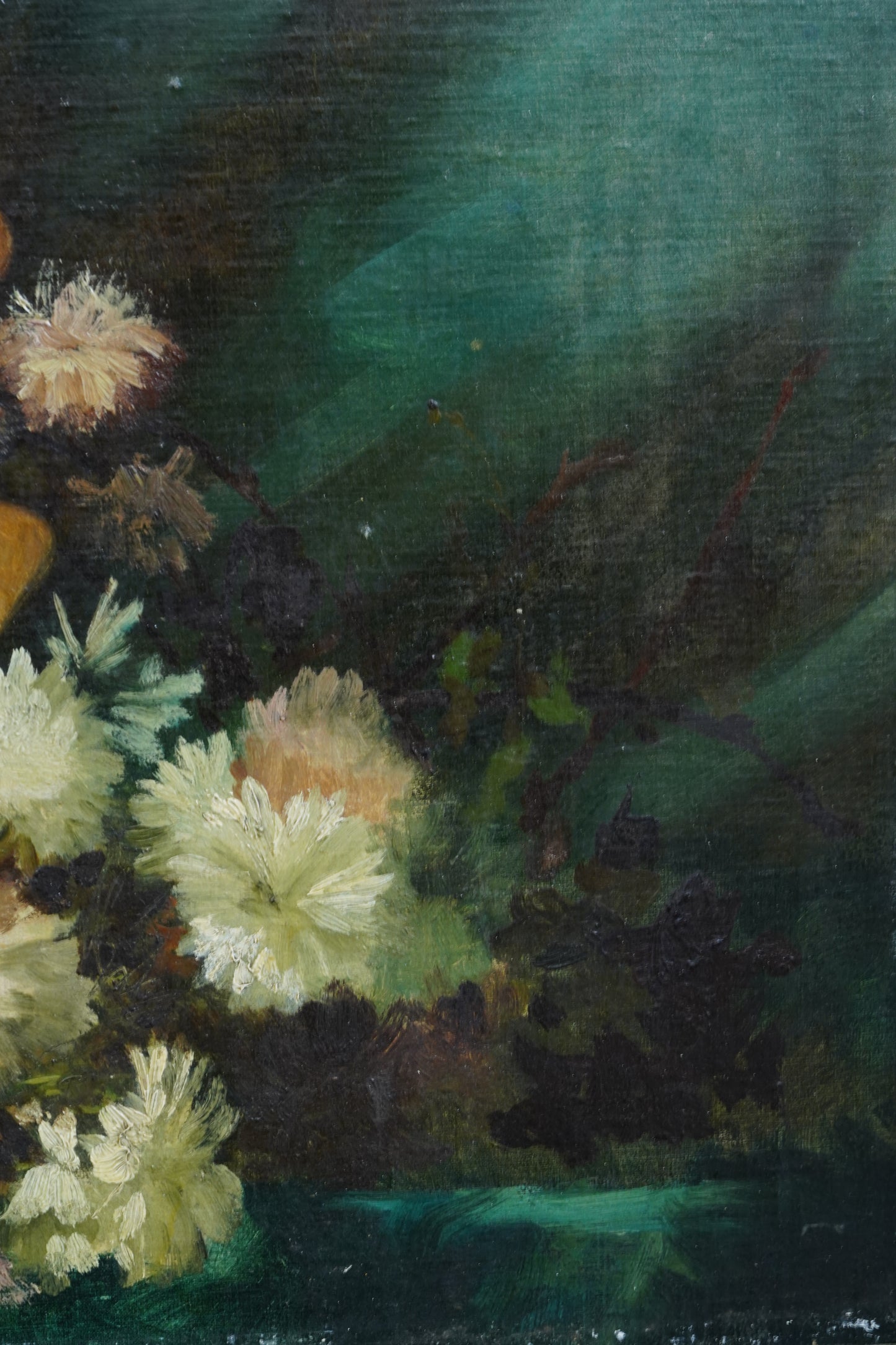 Antique Continental Still Life Classical Bust with Chrysanthemums Oil Painting