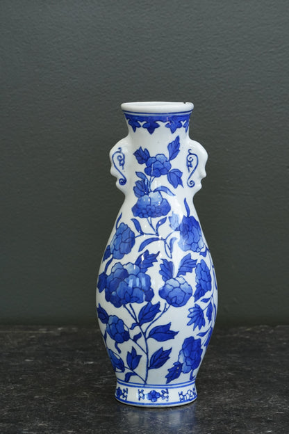 Vintage Blue and White Wall Pocket Vase, Chinoiserie Peony