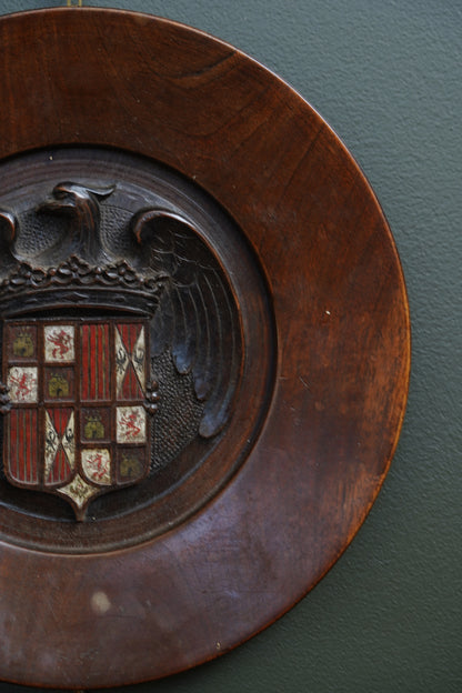 Carved Walnut Spanish Armorial Charger, Arms of the Catholic Monarchs, c. 1930