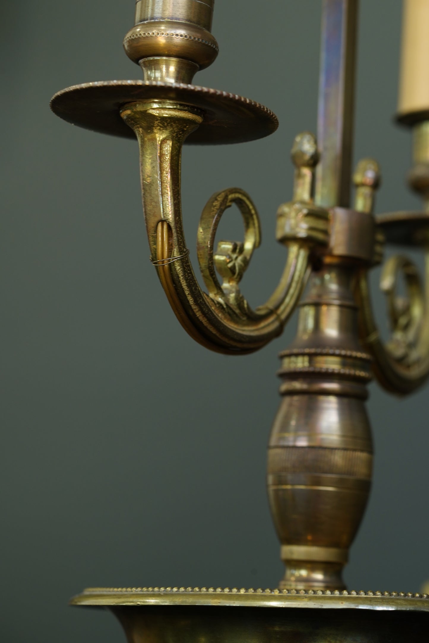 French Brass Bouillotte Lamp, Red Tole Shade