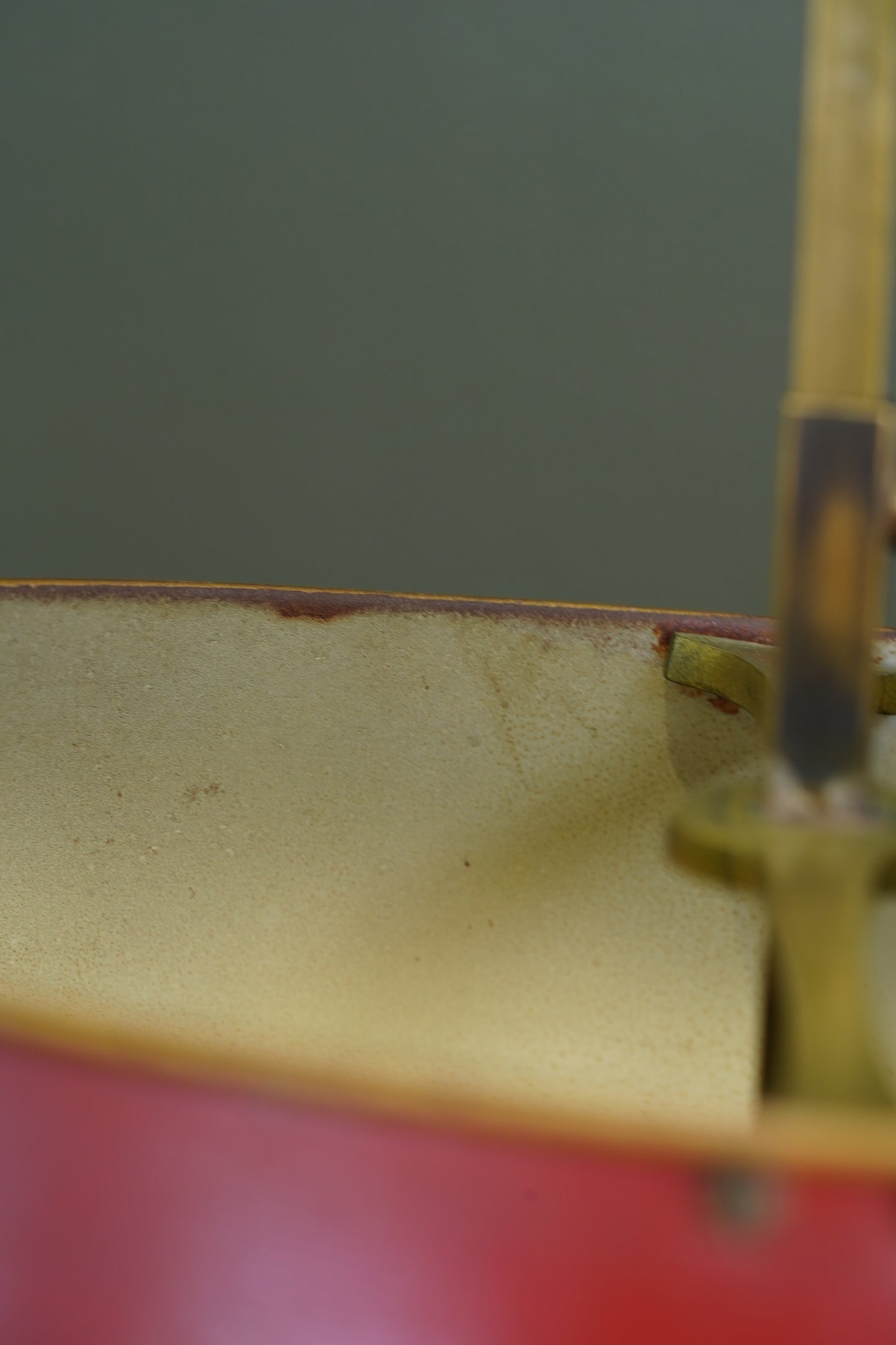 French Brass Bouillotte Lamp, Red Tole Shade
