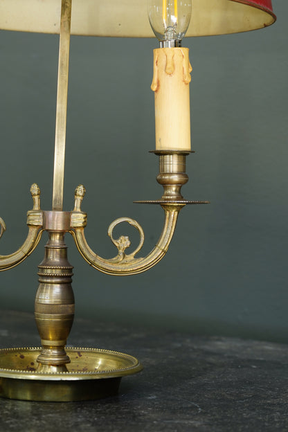 French Brass Bouillotte Lamp, Red Tole Shade