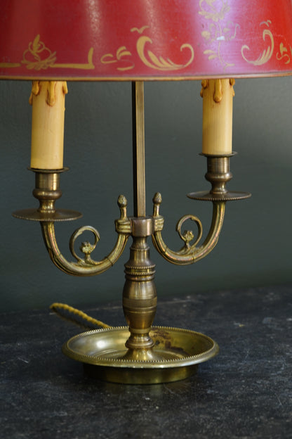 French Brass Bouillotte Lamp, Red Tole Shade