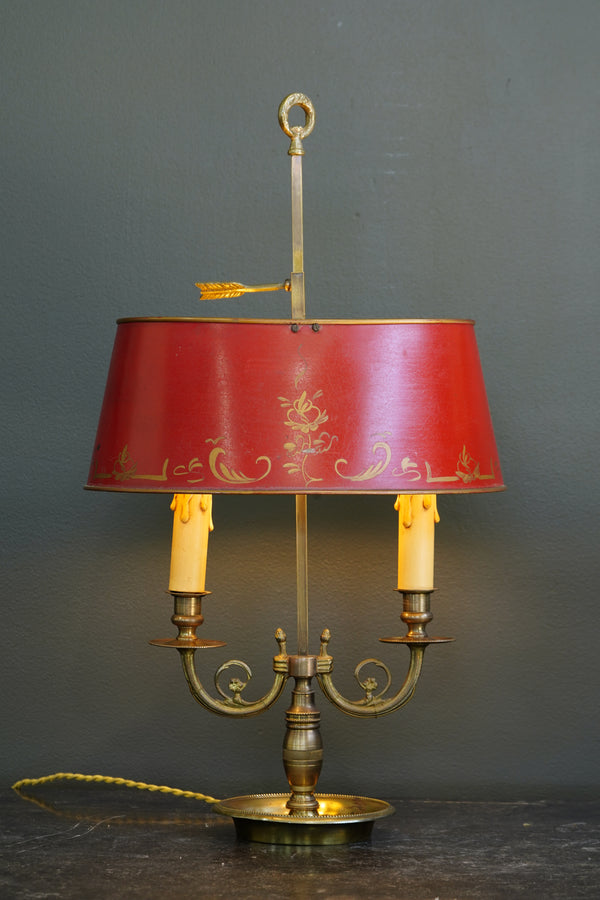 French Brass Bouillotte Lamp, Red Tole Shade secondary view