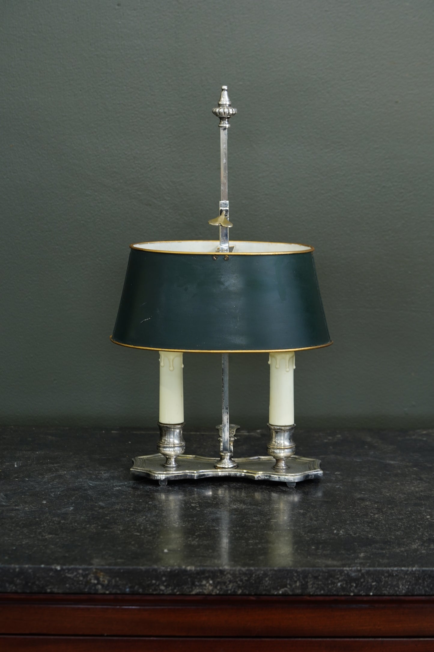Vintage French Silverplate Bouillotte Lamp with Green Tole Shade