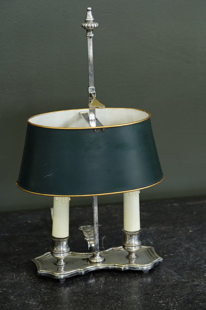 Vintage French Silverplate Bouillotte Lamp with Green Tole Shade