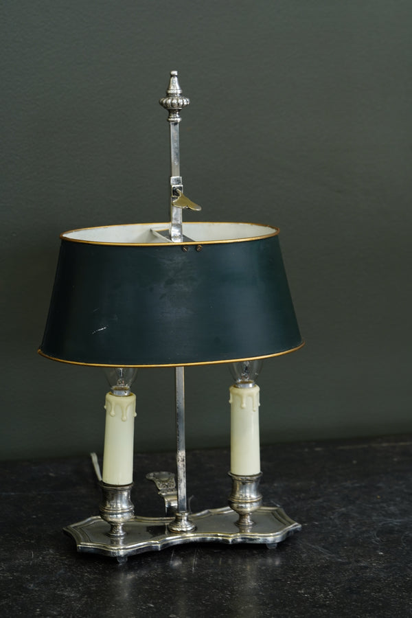 Vintage French Silverplate Bouillotte Lamp with Green Tole Shade