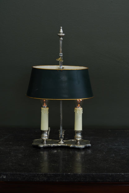 Vintage French Silverplate Bouillotte Lamp with Green Tole Shade