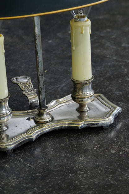 Vintage French Silverplate Bouillotte Lamp with Green Tole Shade