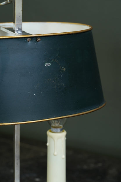 Vintage French Silverplate Bouillotte Lamp with Green Tole Shade