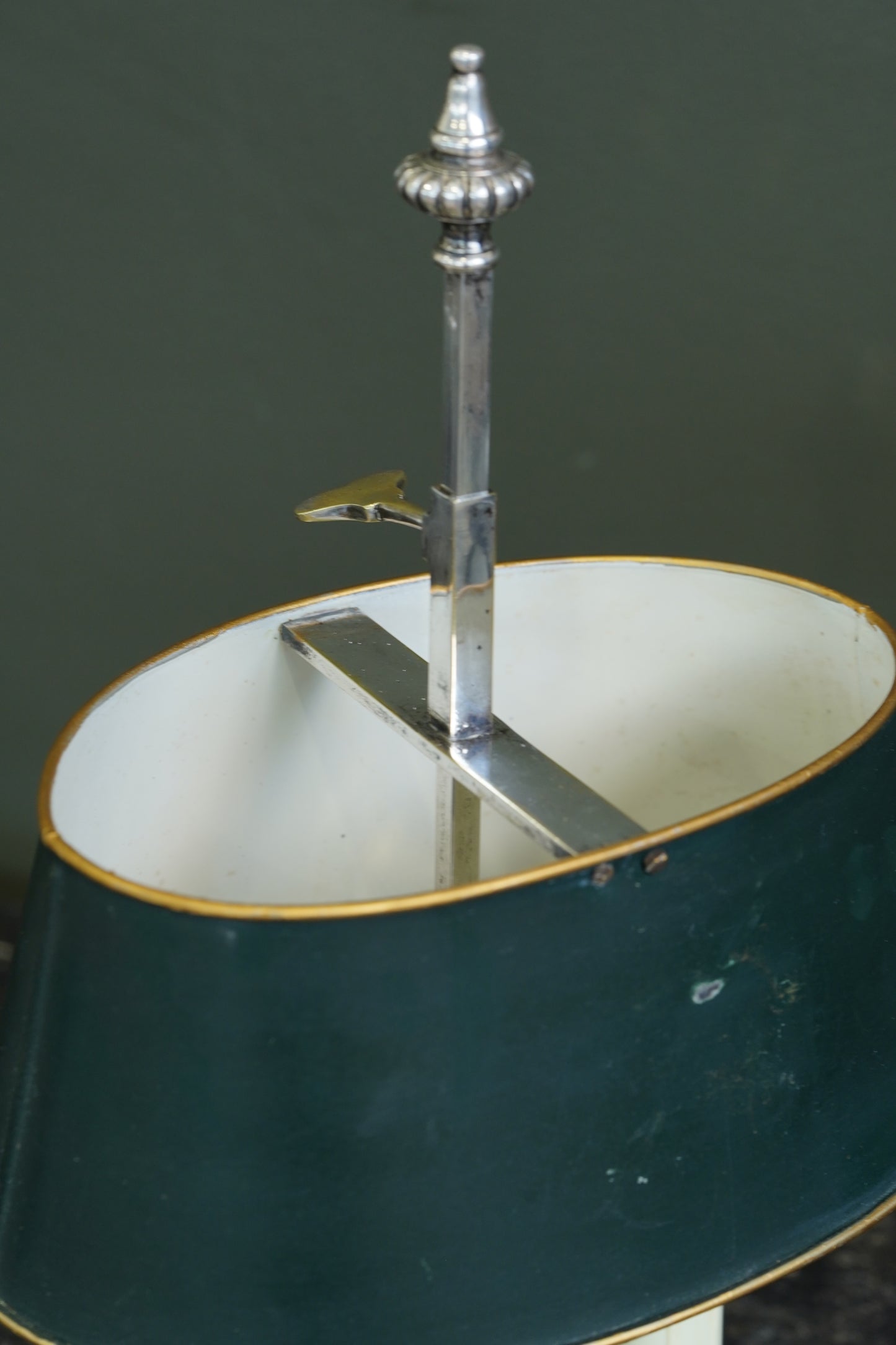 Vintage French Silverplate Bouillotte Lamp with Green Tole Shade