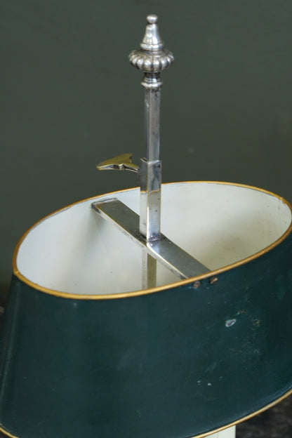 Vintage French Silverplate Bouillotte Lamp with Green Tole Shade