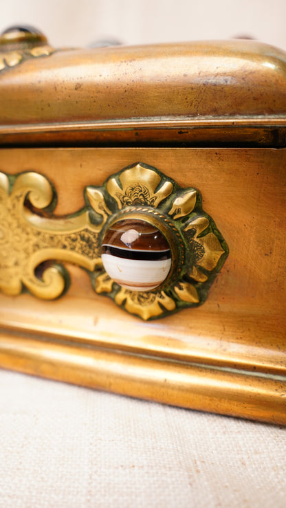 Victorian Gilt Brass Bézique Games Box with Agate Cabochons, Circa 1870