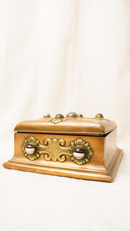 Victorian Gilt Brass Bézique Games Box with Agate Cabochons, Circa 1870