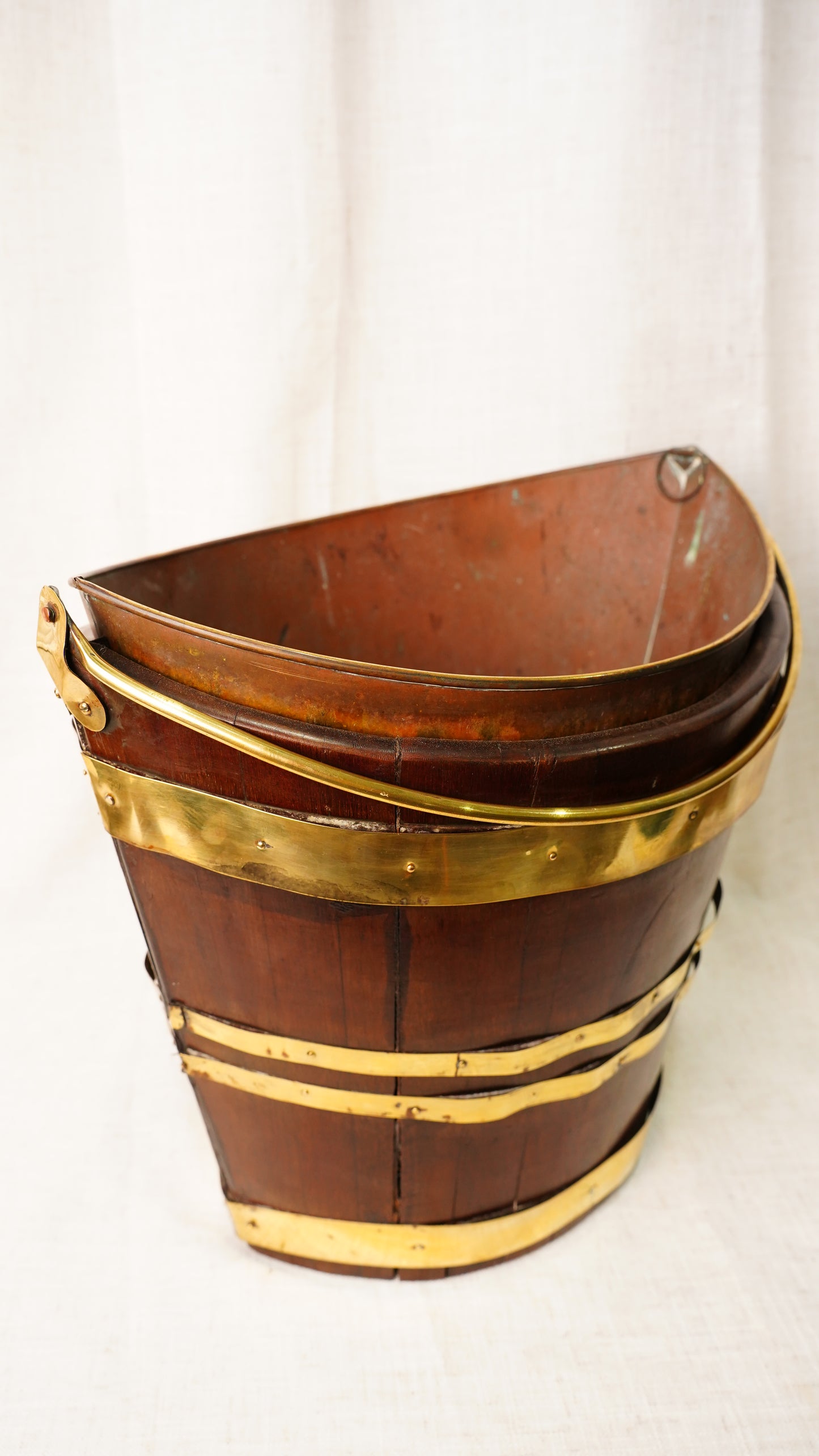 Antique English Mahogany Brass Bound Navette Peat Bucket