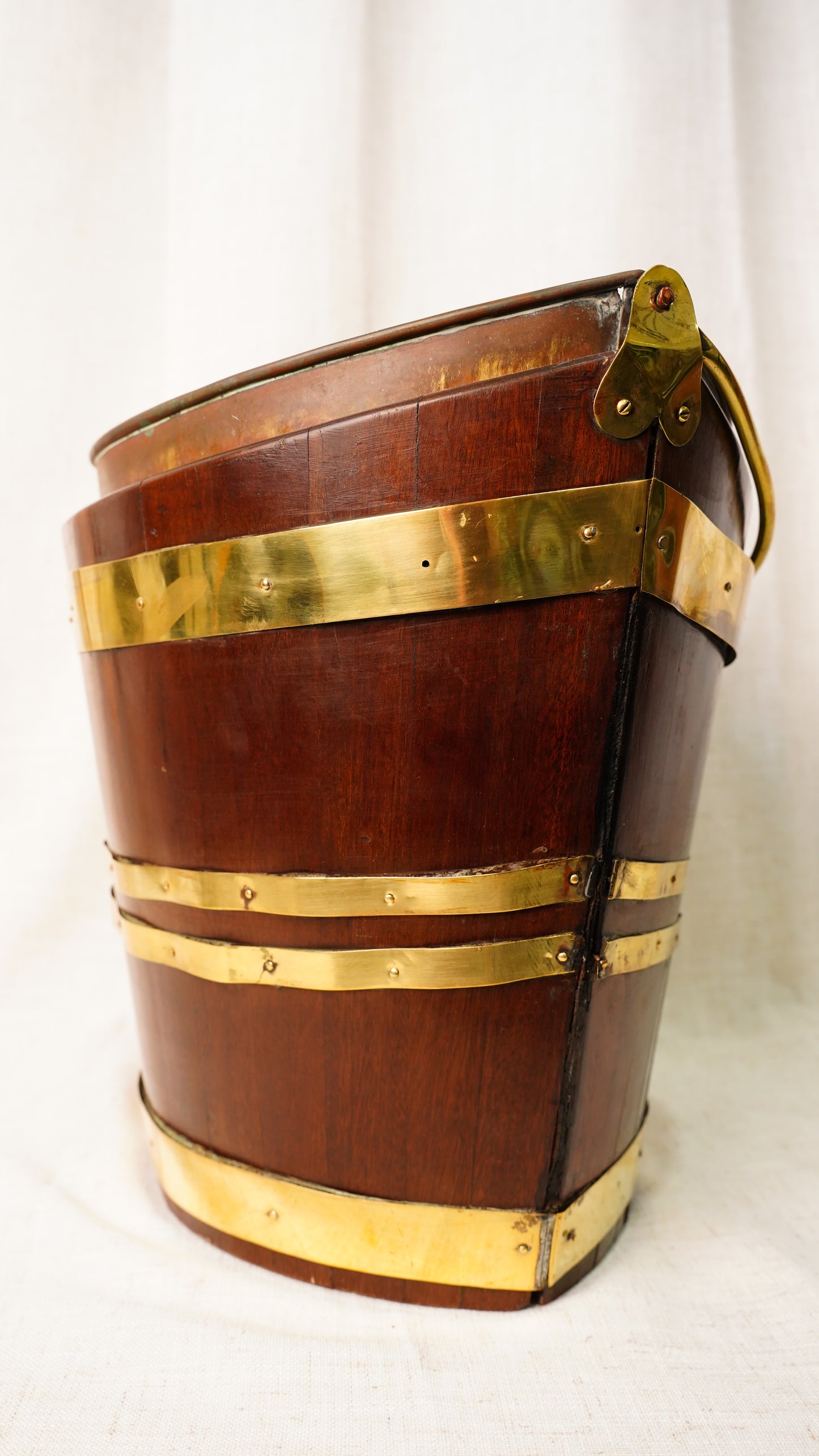 Antique English Mahogany Brass Bound Navette Peat Bucket