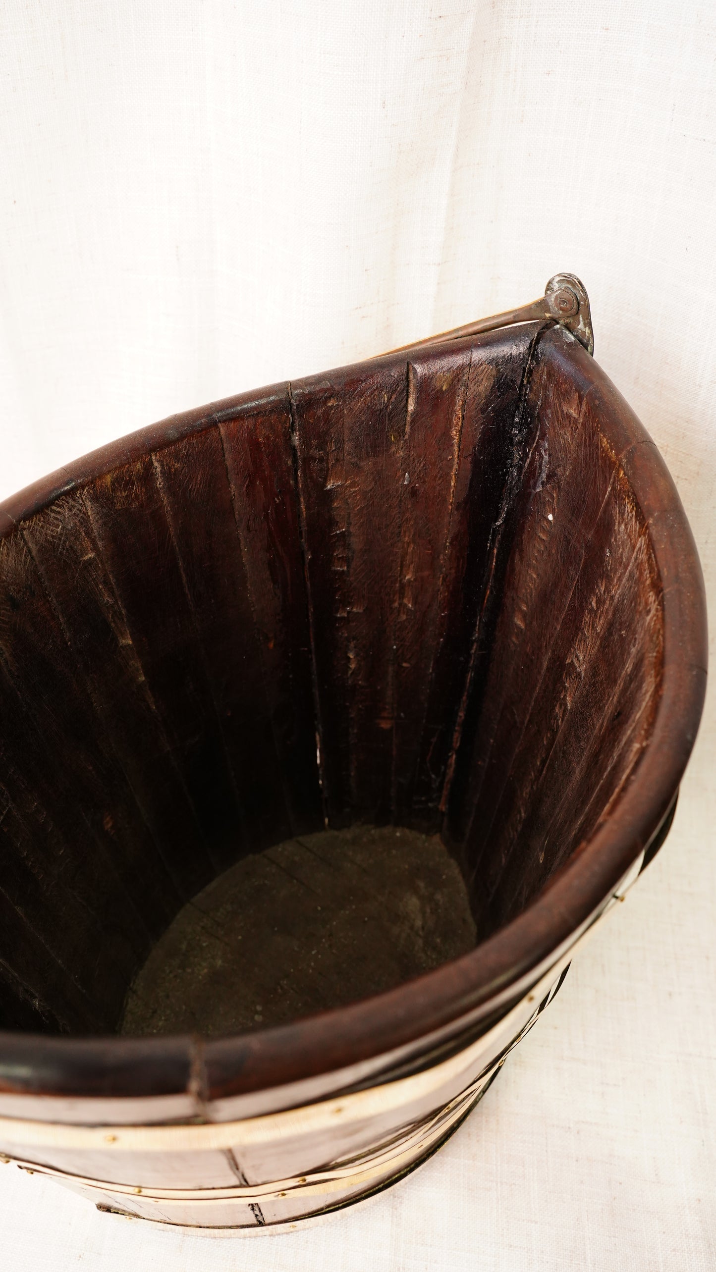 Antique English Mahogany Brass Bound Navette Peat Bucket