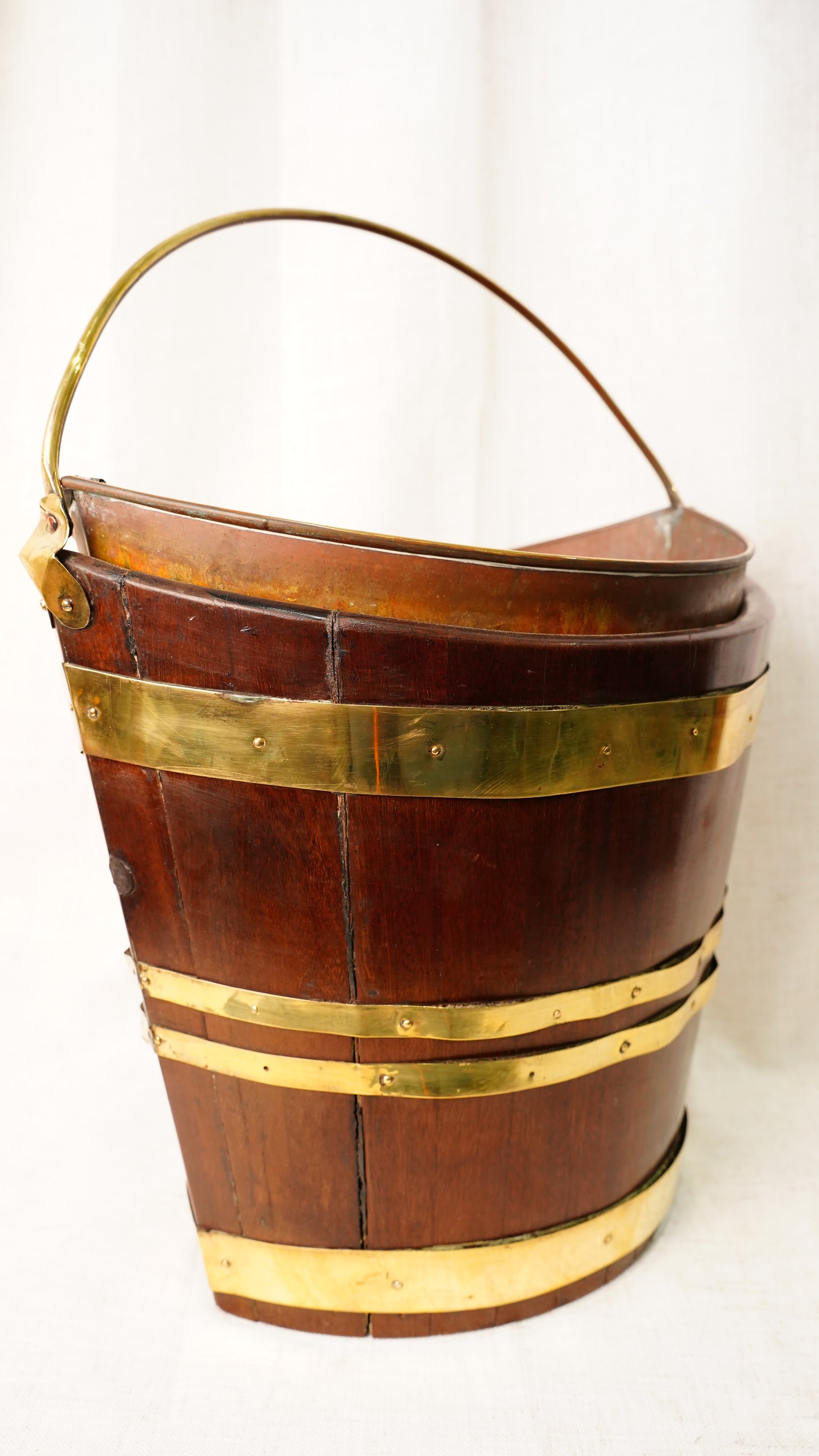 Antique English Mahogany Brass Bound Navette Peat Bucket