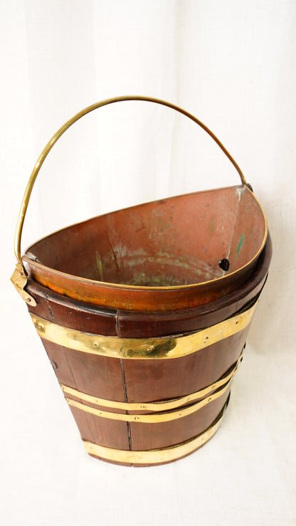 Antique English Mahogany Brass Bound Navette Peat Bucket
