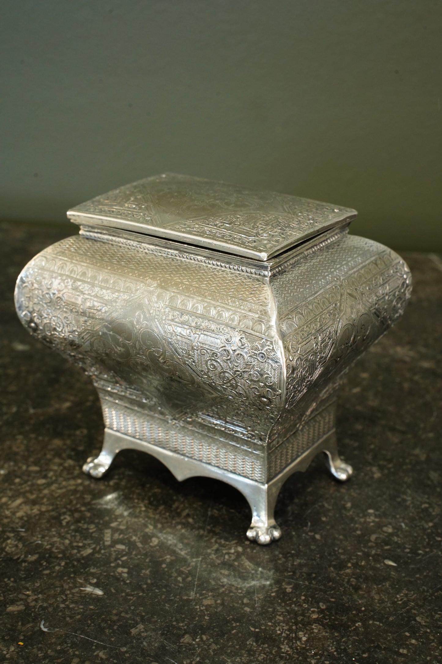 Victorian Britannia Metal Tea Caddy, Bombe Form