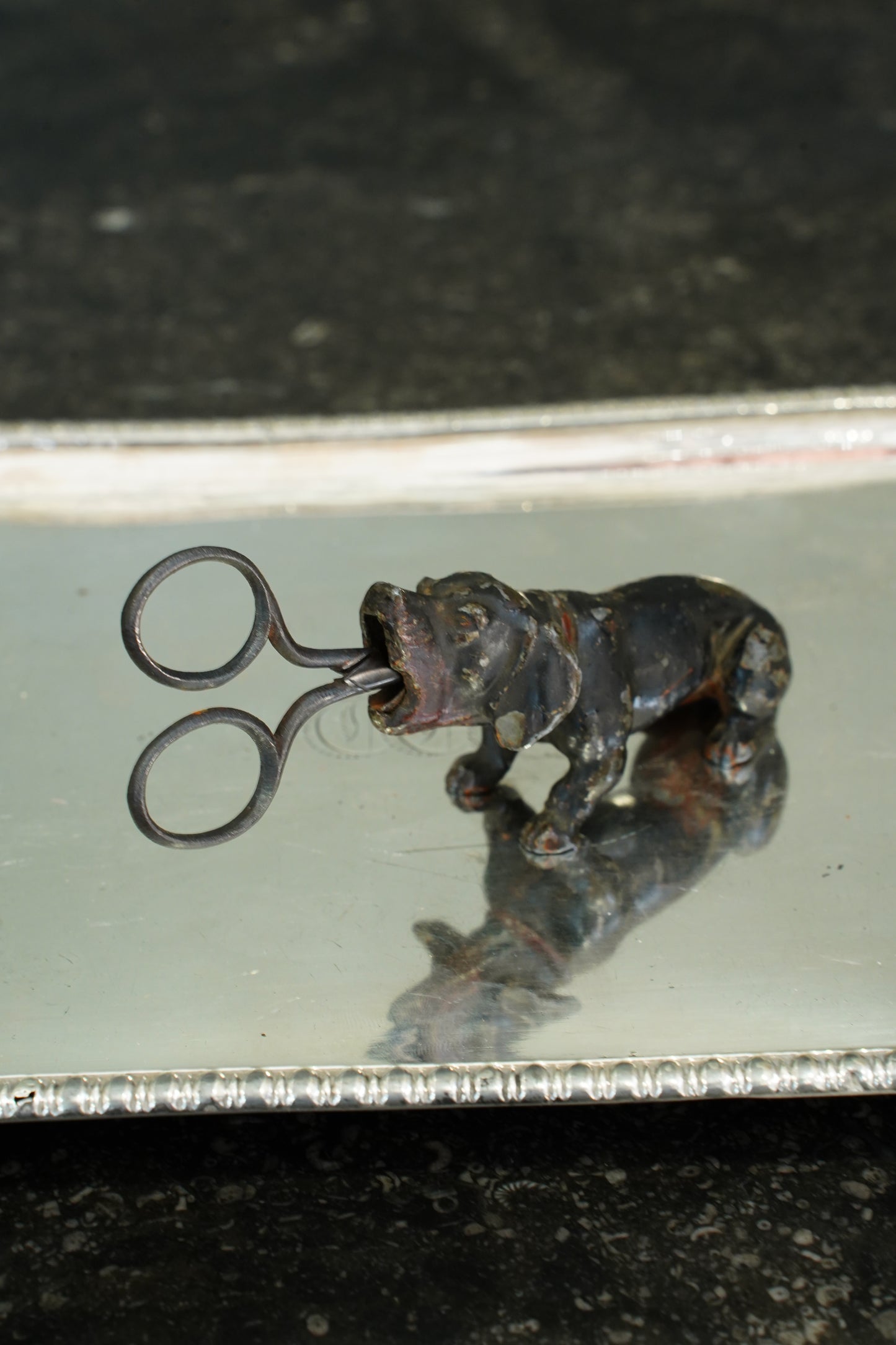 *RESERVED* Antique Bronze Hound Scissor Holder with Scissors, Ca. 1900