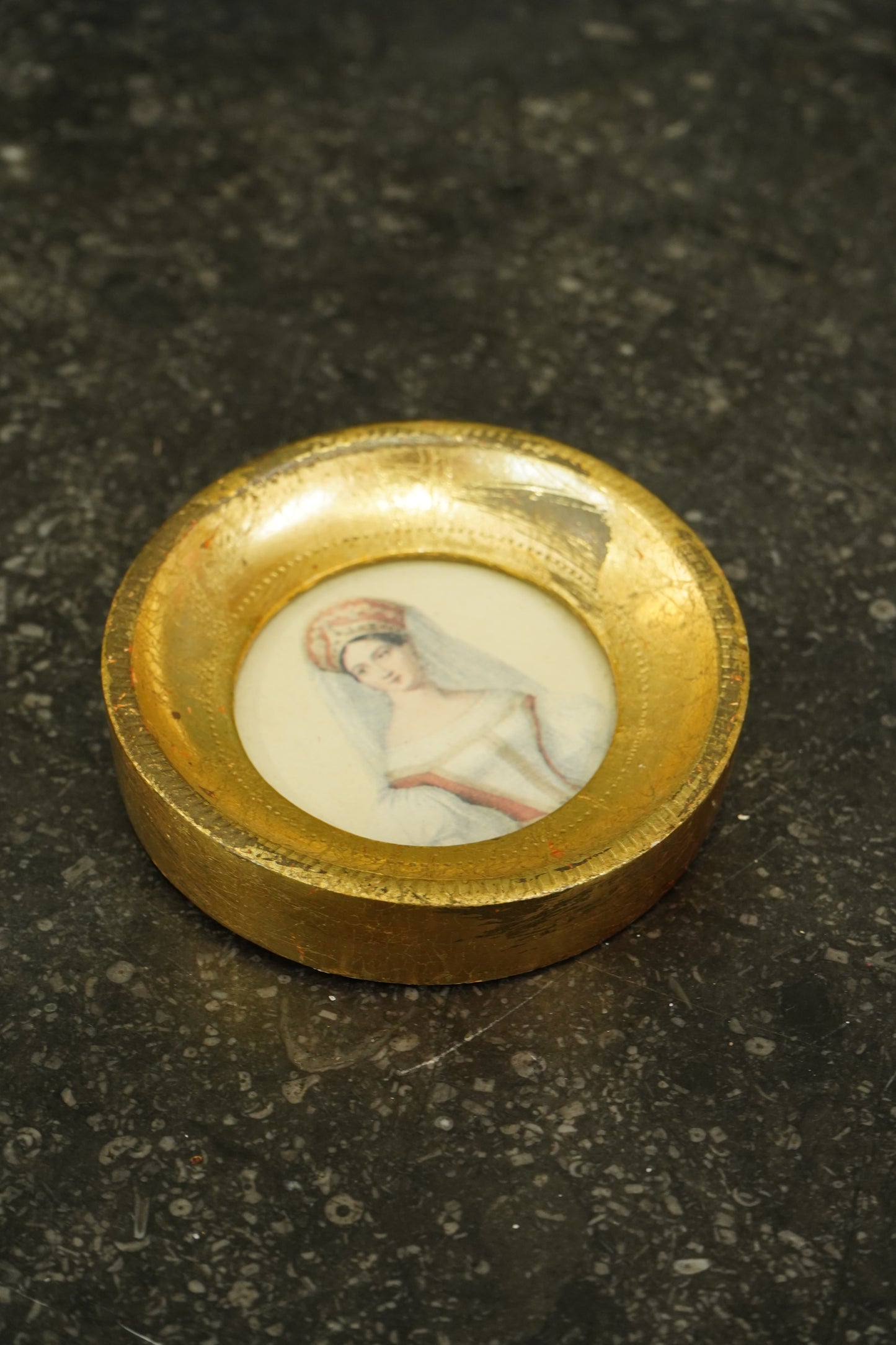 Vintage Portrait Miniature Print, Circular Gilt Metal Frame