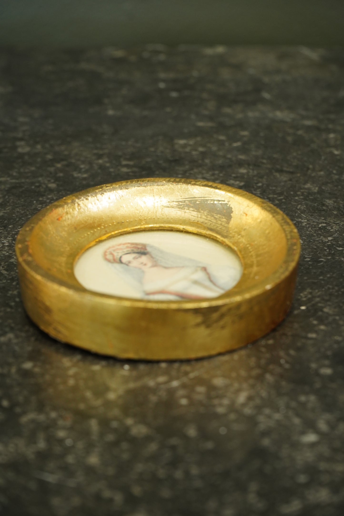 Vintage Portrait Miniature Print, Circular Gilt Metal Frame