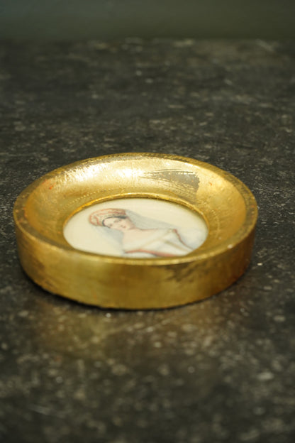 Vintage Portrait Miniature Print, Circular Gilt Metal Frame