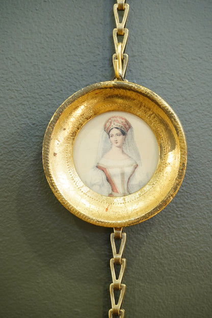 Vintage Portrait Miniature Print, Circular Gilt Metal Frame