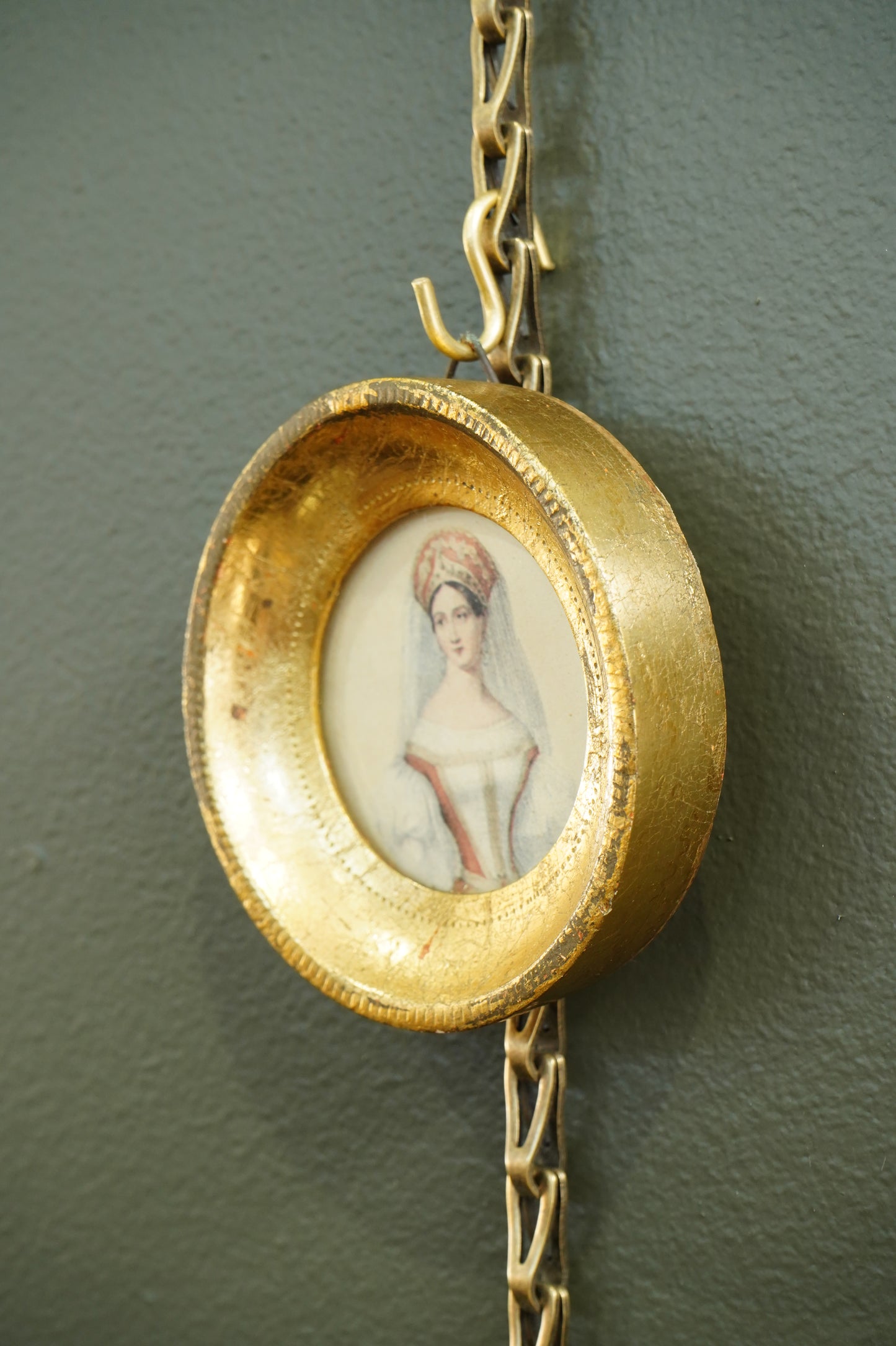 Vintage Portrait Miniature Print, Circular Gilt Metal Frame