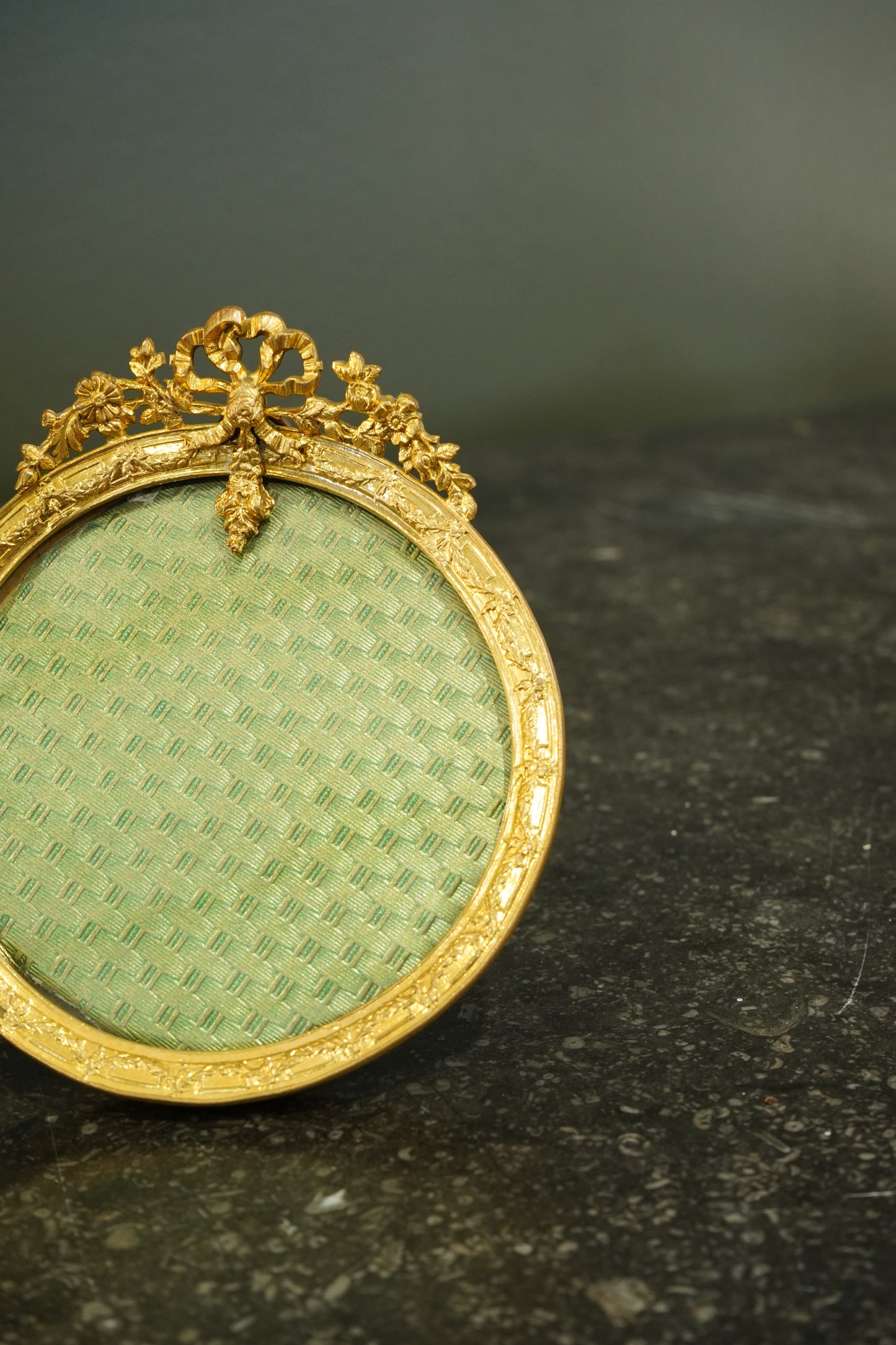 Antique French Gilt Brass Oval Picture Frame with Bow Crest