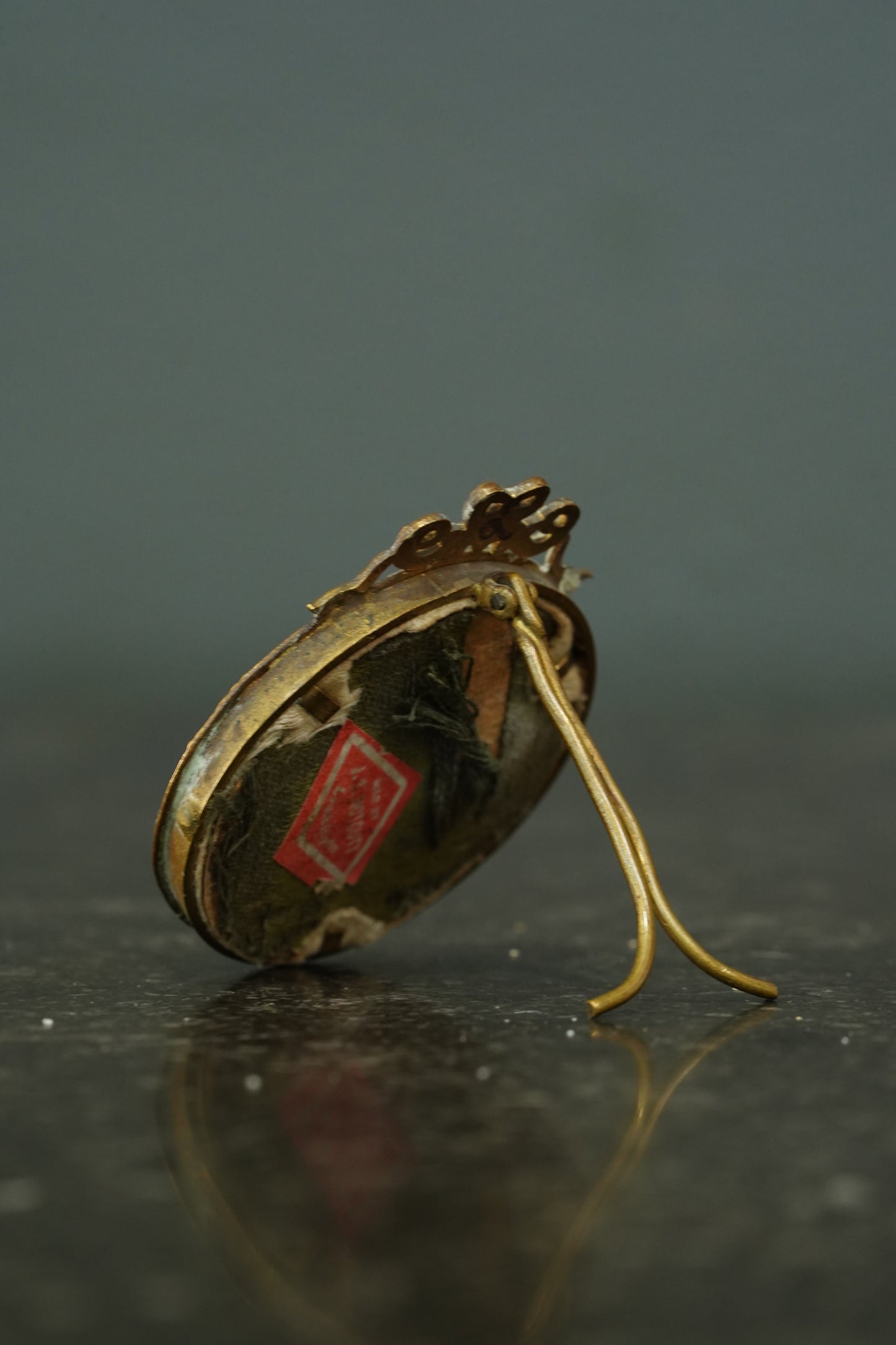 Antique Victorian Gilt Brass Miniature Oval Frame with Bow Crest