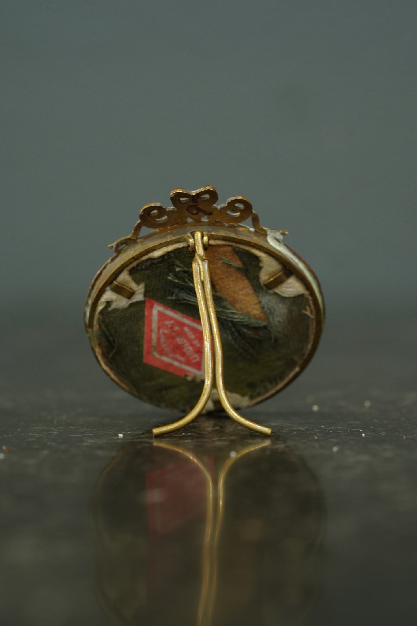 Antique Victorian Gilt Brass Miniature Oval Frame with Bow Crest
